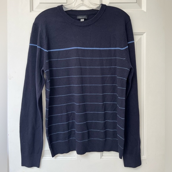 NWOT Tahari Men’s Wool Blend Navy Striped Crewneck Sweater S - Picture 2 of 10